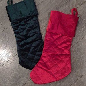 Set of 2 Green & Red Vintage Velvet Quilted Diamond Pattern Christmas Stockings